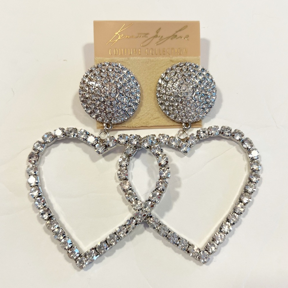 KENNETH JAY LANE Crystal Studded Heart Dangle Earrings / Silver Tone & Crystals - Picture 6 of 12